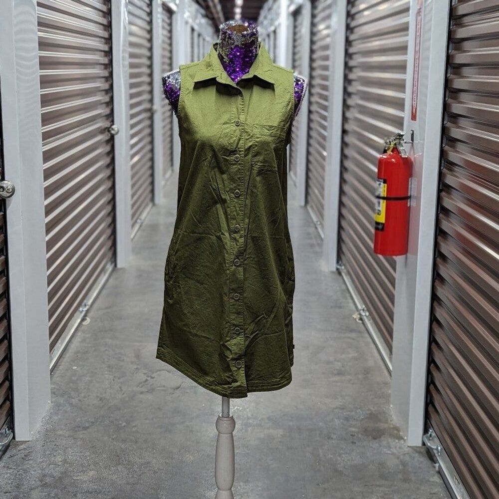 United Womens Y2K Utility Small Green Button Up Collared Cotton Sleeveless Dress